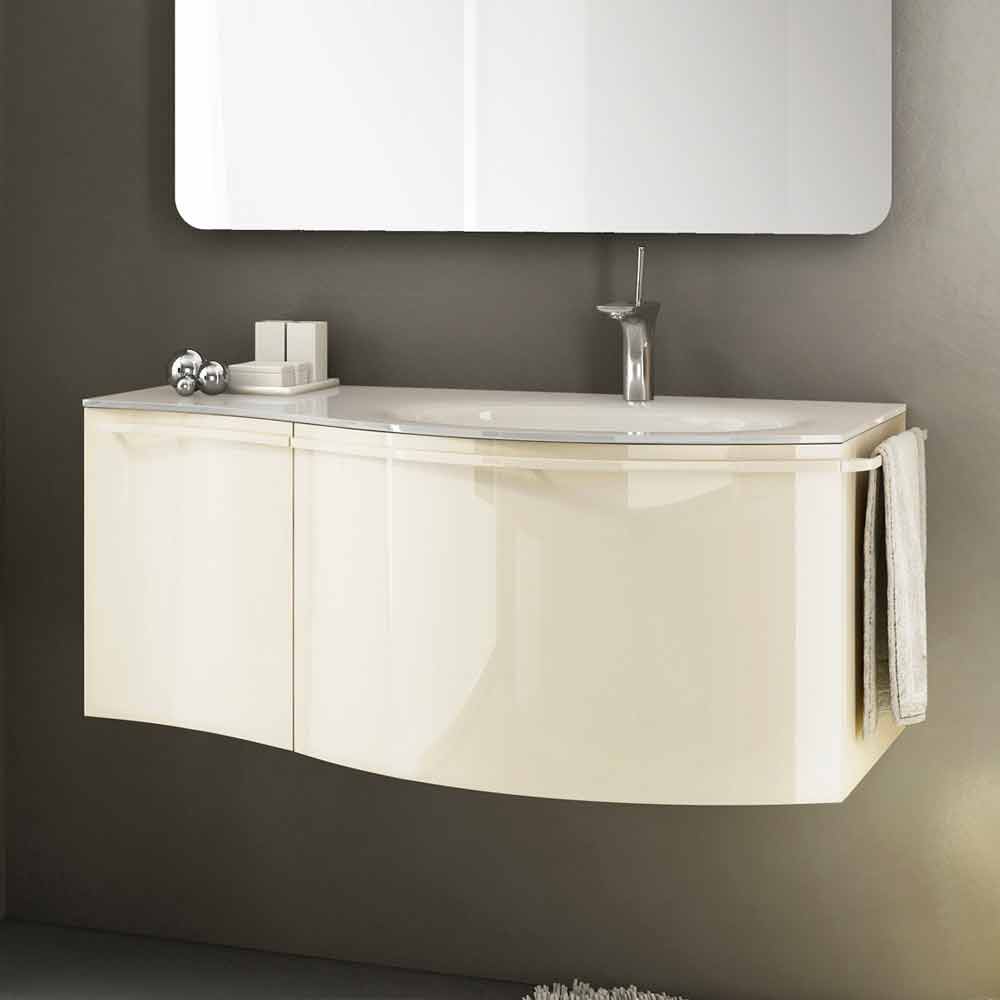 Grote waanidee Transistor Winkelier Modern hangende badkamermeubel met wastafel van beige gelakt hout Gioia 1