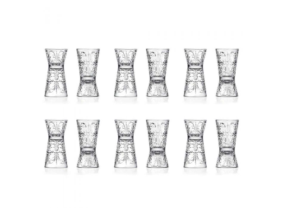 12 luxe versierde jiggerglazen van ecologisch kristal - Destiny Viadurini
