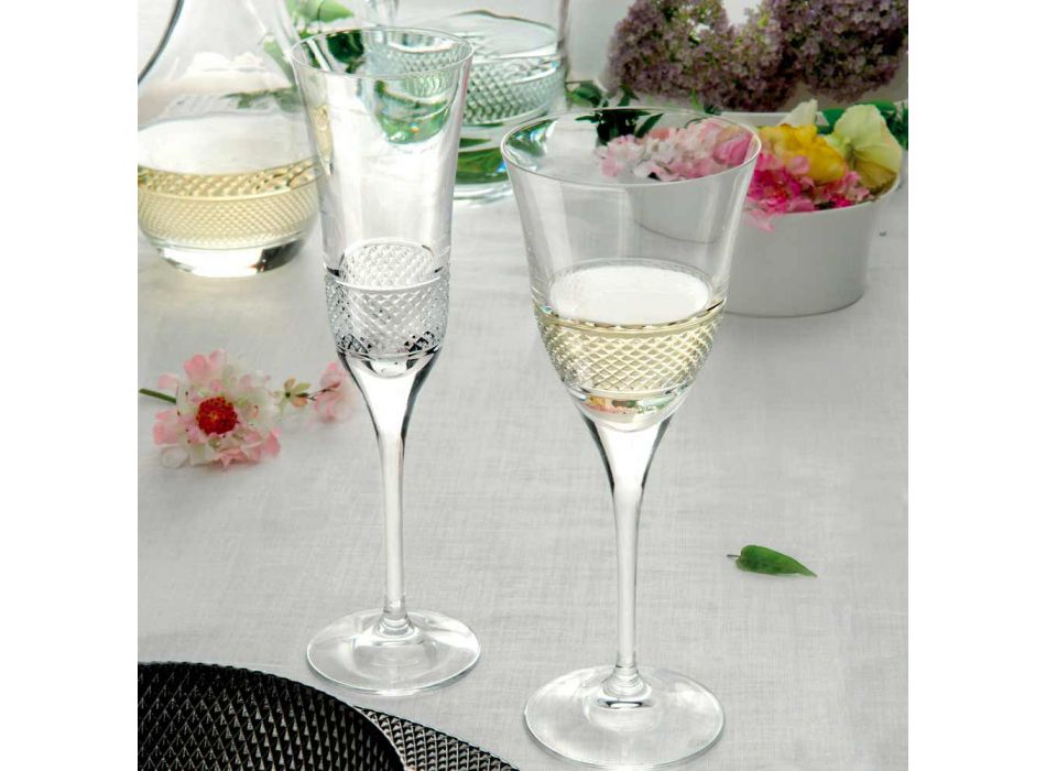 12 Fluitglazen voor Champagne in ecologisch kristal met handmatige decoratie - Milito Viadurini