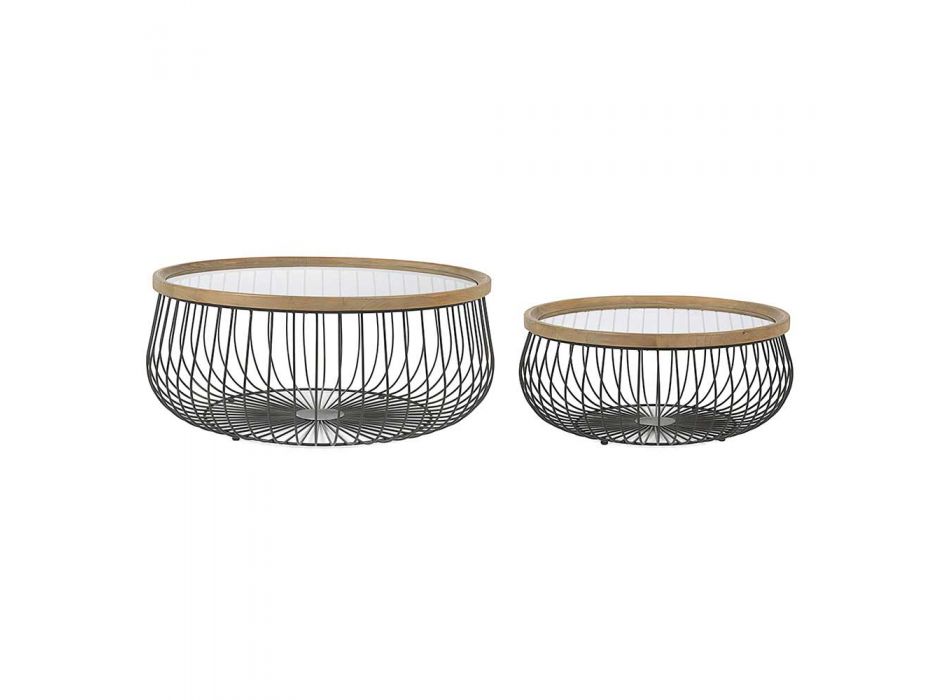 2 Homemotion salontafels met rond glas en houten blad - Randolo Viadurini