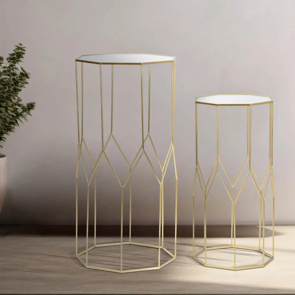 2 Telefoontafels in gouden ijzer en glazen blad - Pope Viadurini