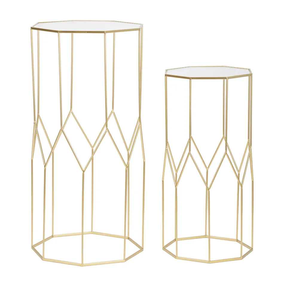 2 Telefoontafels in gouden ijzer en glazen blad - Pope Viadurini