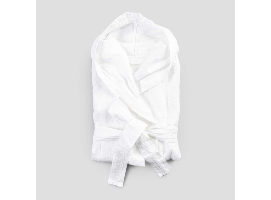 Italiaanse luxe witte zware linnen badjas met capuchon - Palace Viadurini
