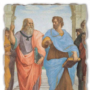 Raffaello Sanzio fresco &quot;School van Athene&quot; deel. Plato en Artistotele