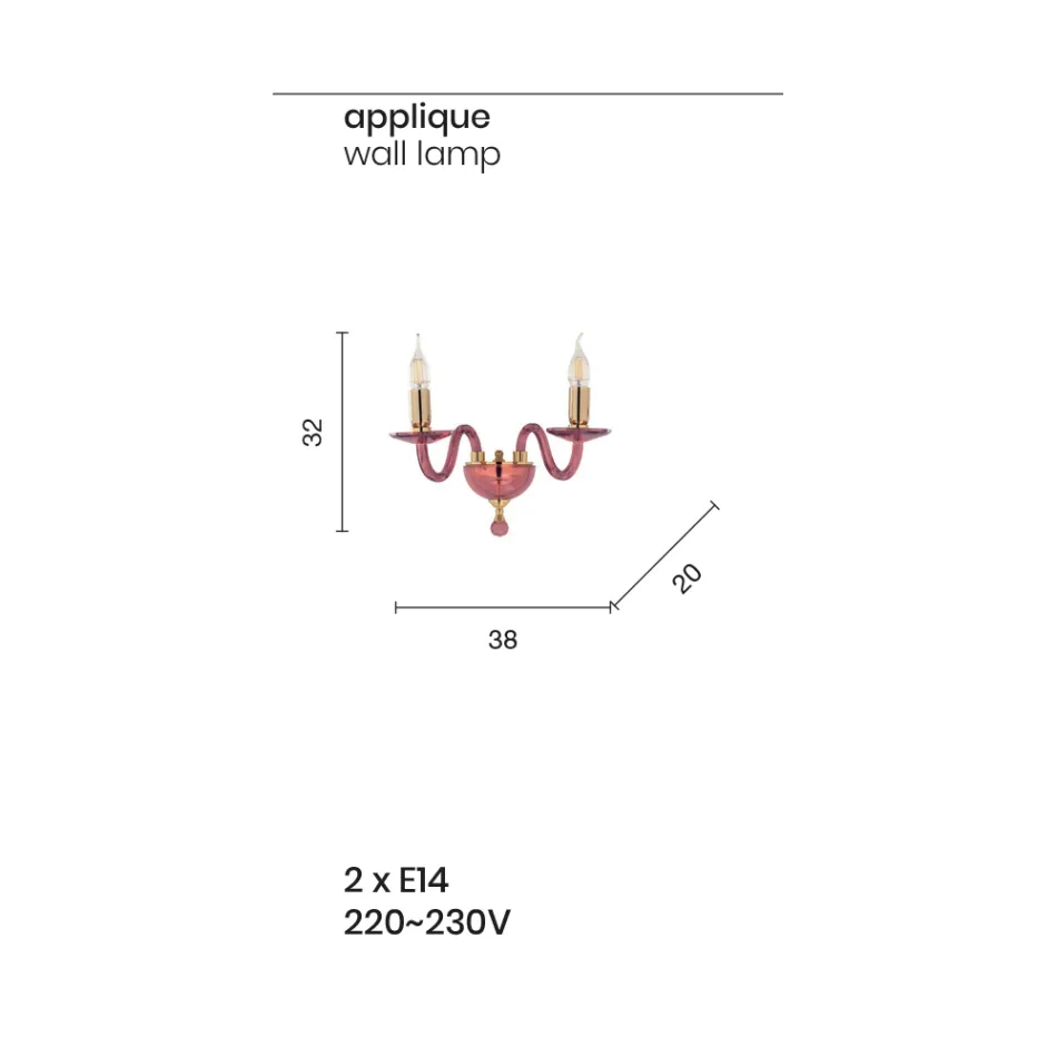 Klassieke 2-lichts wandlamp van handgemaakt Italiaans glas en goudkleurig metaal - Oliver Viadurini