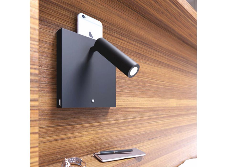 Decoratieve led-wandlamp in wit of zwart aluminium met USB-poorten - Paola Viadurini