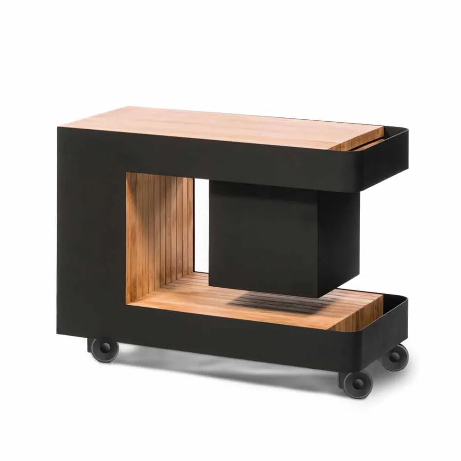 Moderne mobiele bar op wielen ontwerp met houten en stalen tafel - Giancalliope Viadurini