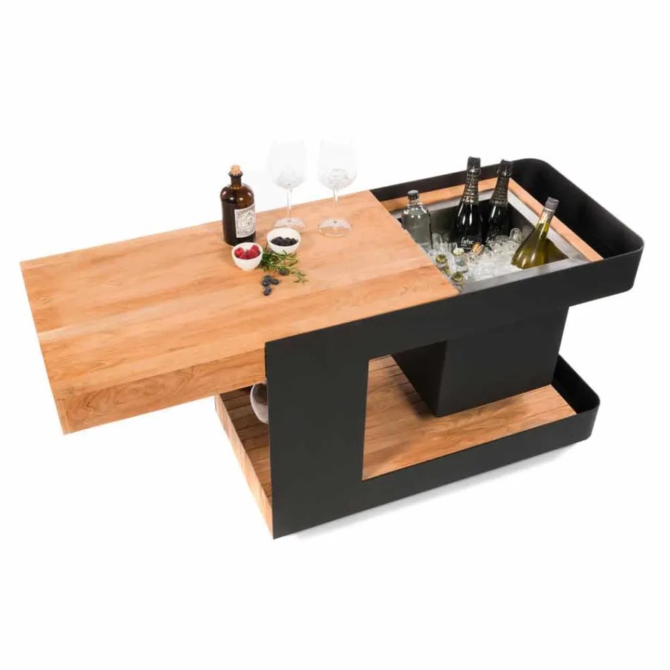 Moderne mobiele bar op wielen ontwerp met houten en stalen tafel - Giancalliope Viadurini