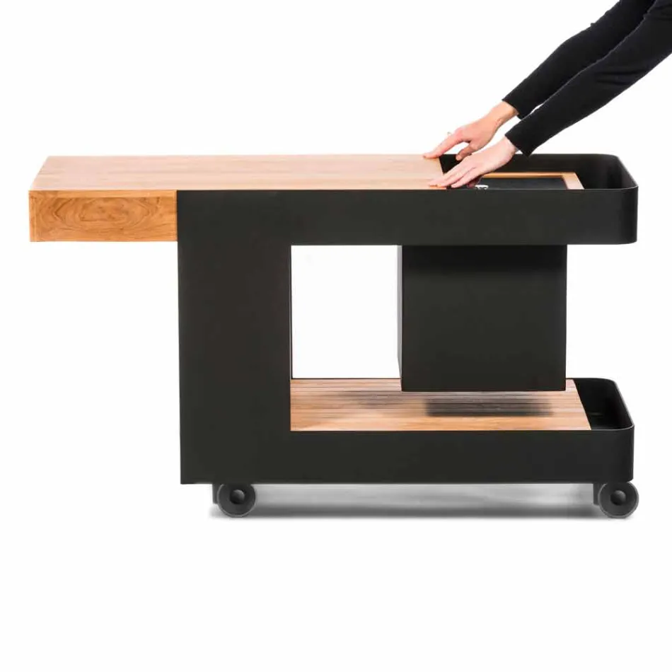 Moderne mobiele bar op wielen ontwerp met houten en stalen tafel - Giancalliope Viadurini