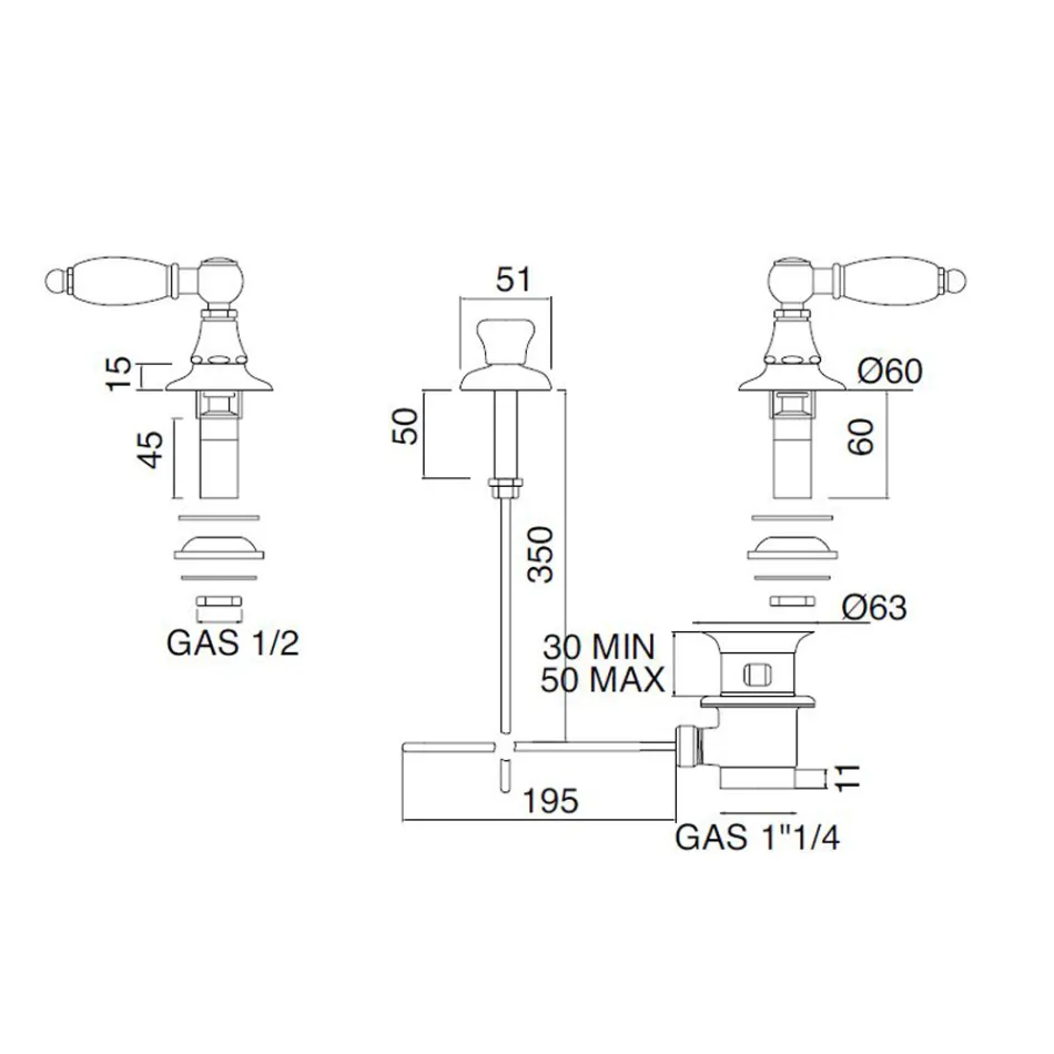 Bidetmengkraan met 3 gaten en interne messing Levering Made in Italy - Noriana Viadurini