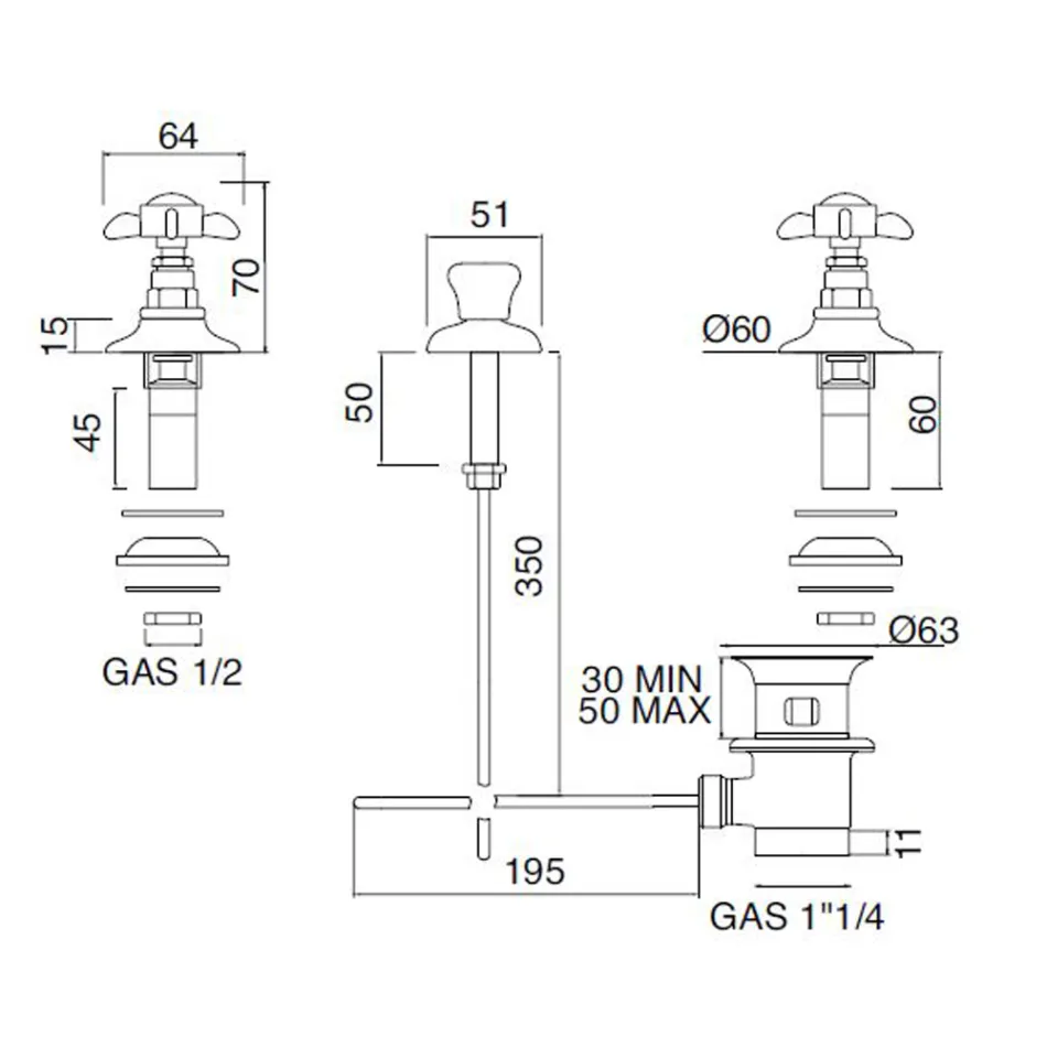3-gats bidetmengkraan met interne messing levering en vlinderhandgrepen - Miriano Viadurini