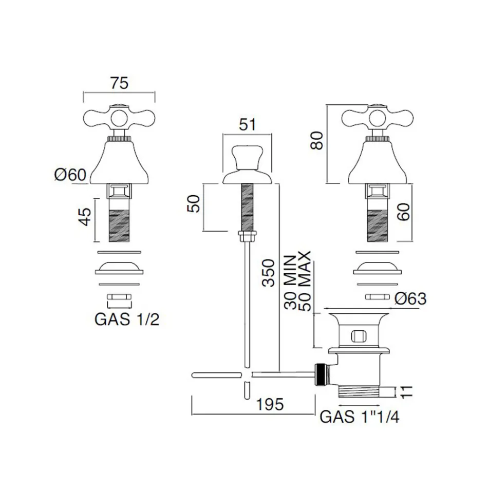 3-gats bidetmengkraan Afvoer Interne levering Handgemaakt messing - Ercolina Viadurini