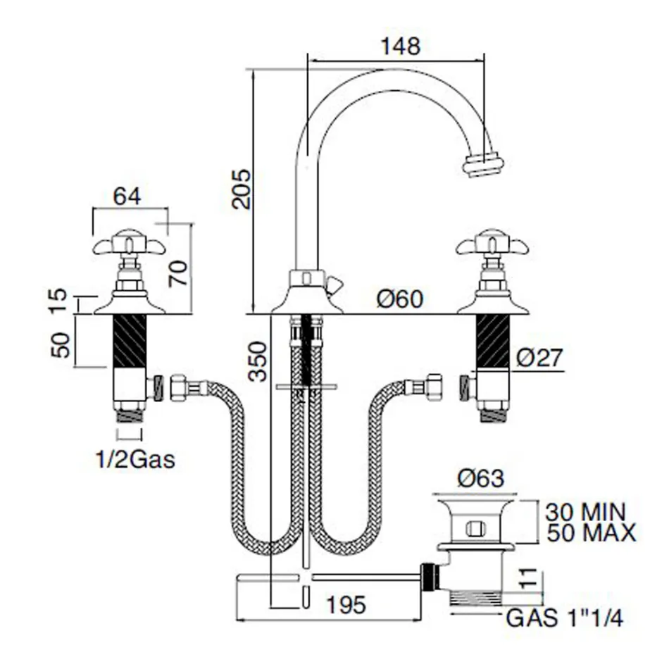 3-gats wastafelmengkraan met hoge uitloop in messing en vlindergrepen - Miriano Viadurini