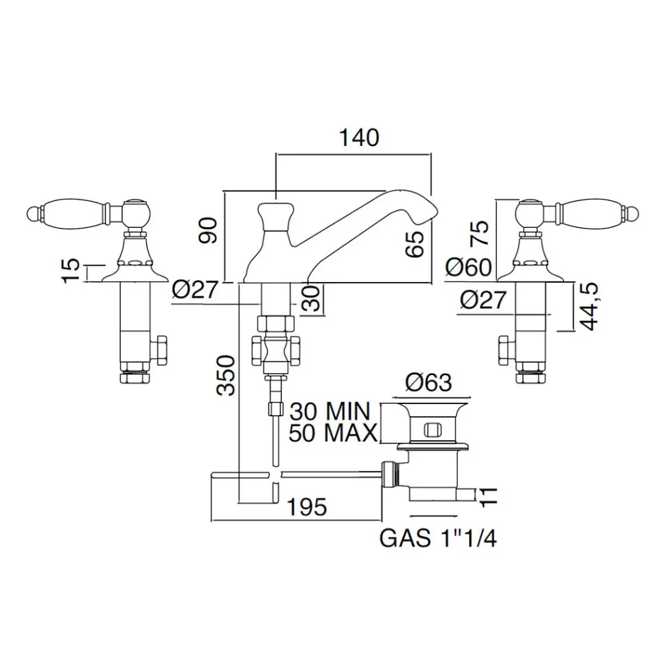3-gats wastafelmengkraan met klassieke hendels in handgemaakt messing - Noriana Viadurini