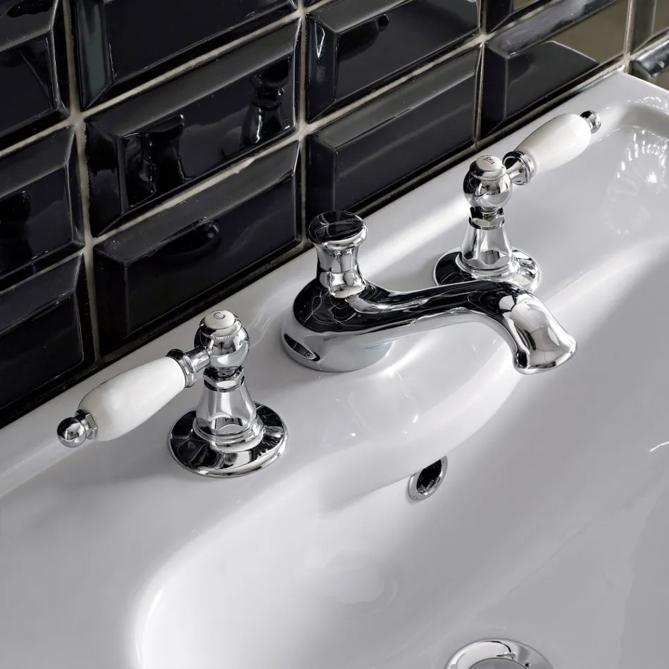 3-gats wastafelmengkraan met klassieke hendels in handgemaakt messing - Noriana Viadurini