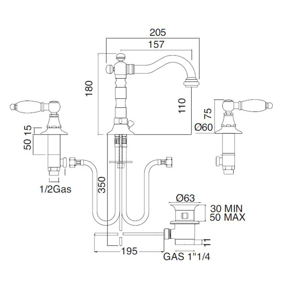 3-gats wastafelmengkraan met messing afvoer Klassieke handgemaakte stijl - Noriana Viadurini
