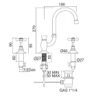 3-gats wastafelmengkraan met hoge uitloop in klassiek handgemaakt messing - Fioretta Viadurini