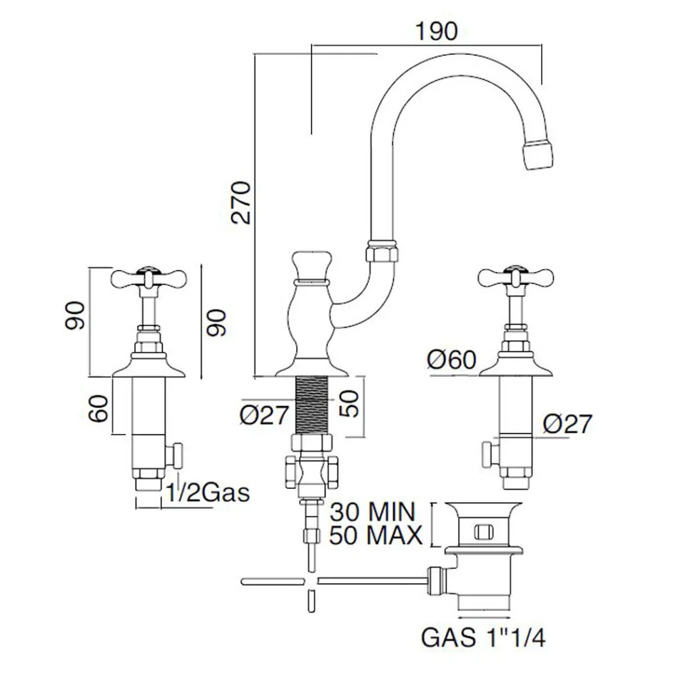 3-gats wastafelmengkraan met hoge uitloop in klassiek handgemaakt messing - Fioretta Viadurini