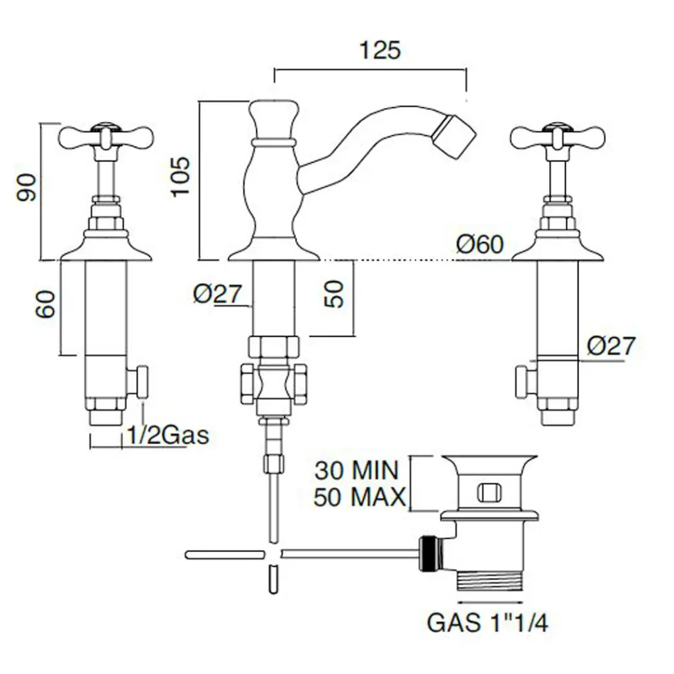 3-gats wastafelmengkraan met klassieke handgemaakte koperen afvoer - Fioretta Viadurini