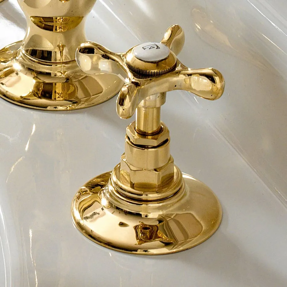 3-gats wastafelmengkraan met klassieke handgemaakte koperen afvoer - Fioretta Viadurini