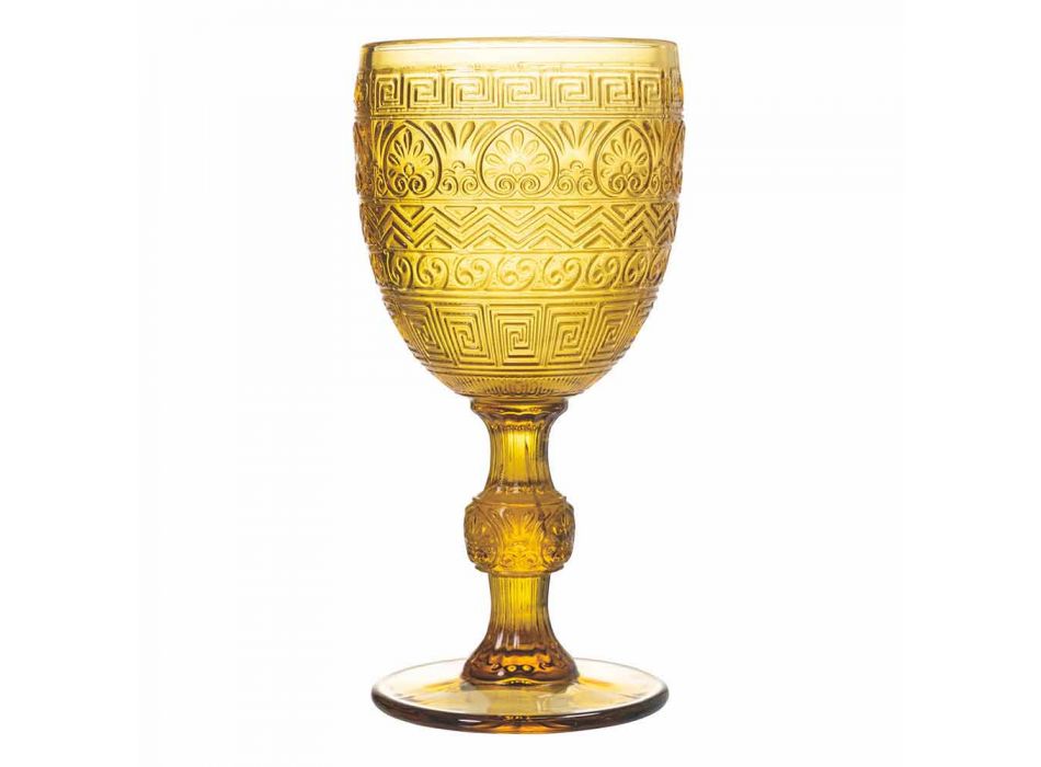 Water- of wijndrinkbekerglazen in gekleurd glas en reliëfdecoraties - Folk Viadurini
