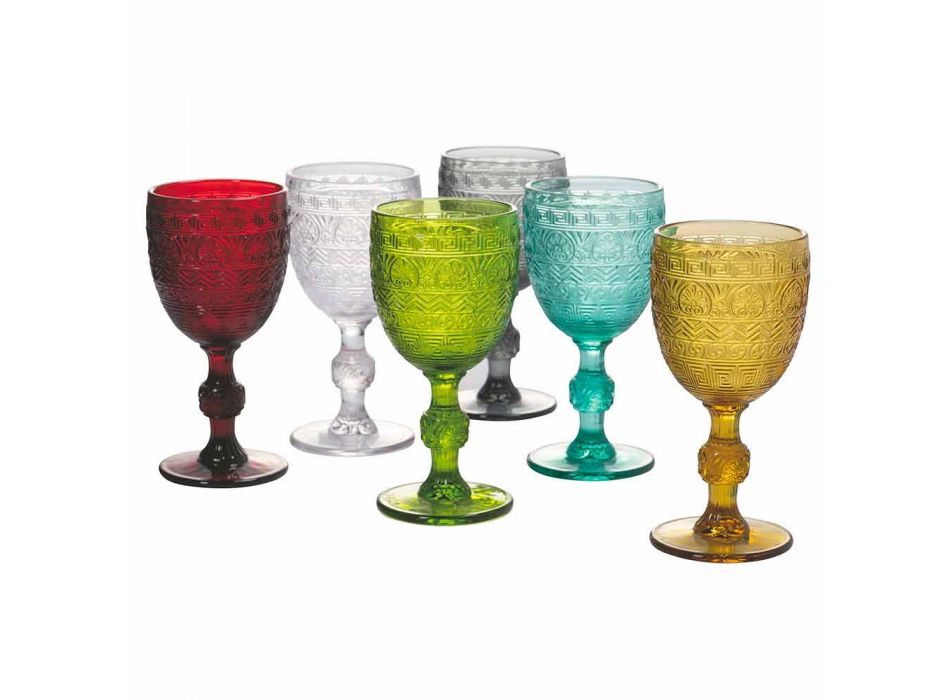Water- of wijndrinkbekerglazen in gekleurd glas en reliëfdecoraties - Folk Viadurini