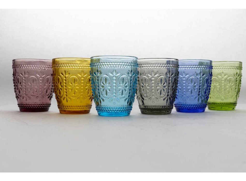 Gedecoreerde en gekleurde glazen waterset 6-delig - Pastel-Palazzo Viadurini