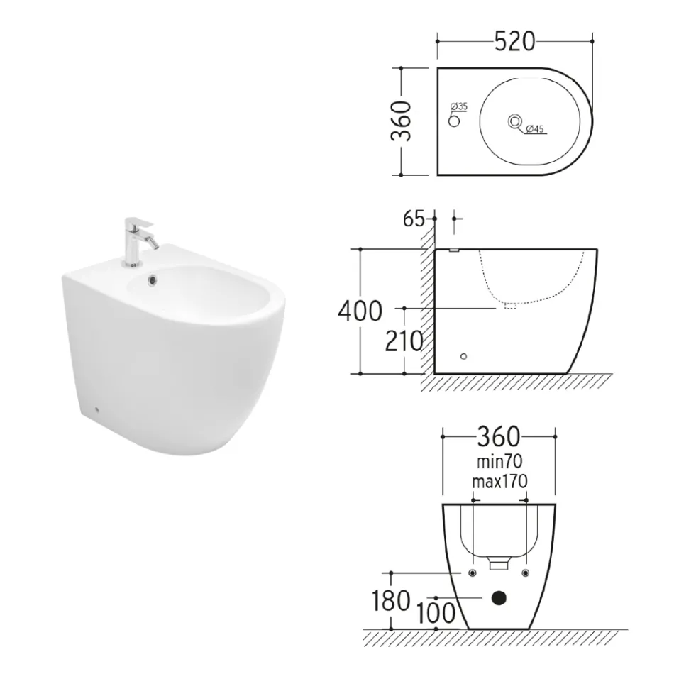 Aster vrijstaande bidet met één spoelgat, uitgevoerd in duurzaam wit keramiek met een modern design. Viadurini