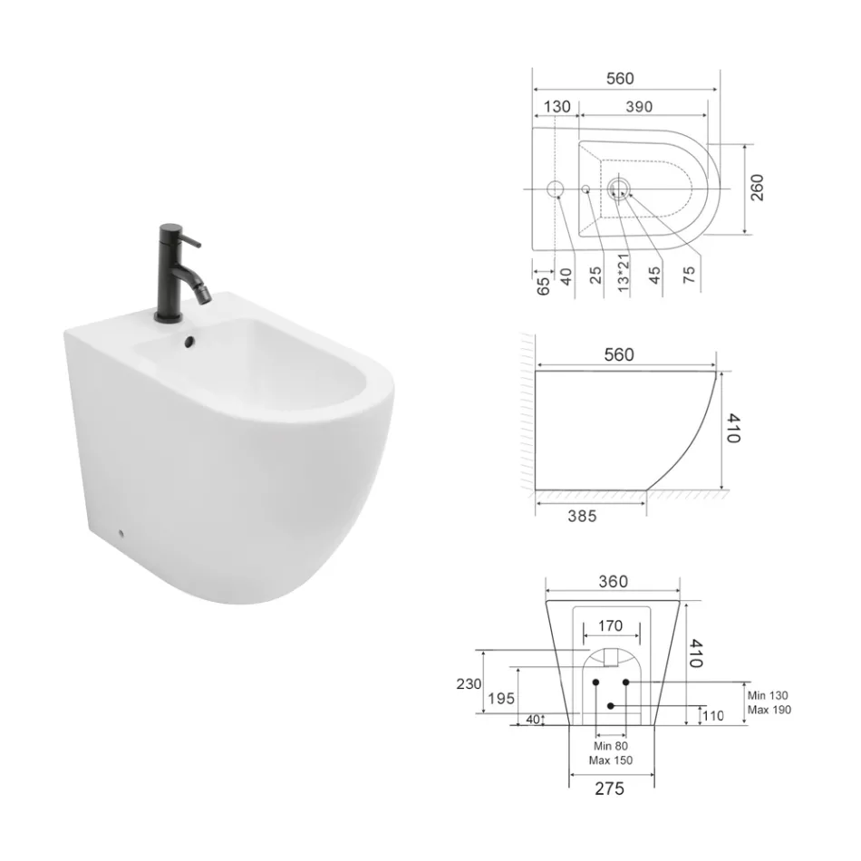 Vrijstaande bidet met één spoelgat, vervaardigd uit duurzaam wit keramiek met een modern design - Olmo Viadurini