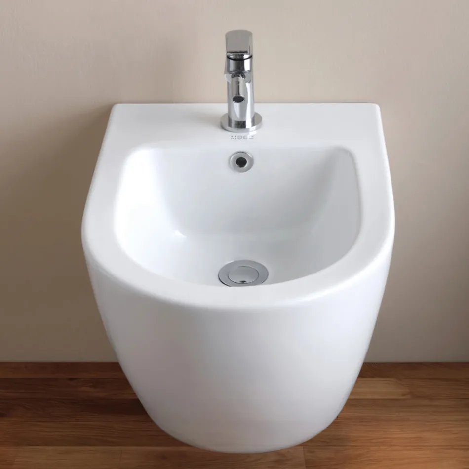 Wandbidet met één gat in wit keramiek met een modern design - Ginepro Viadurini
