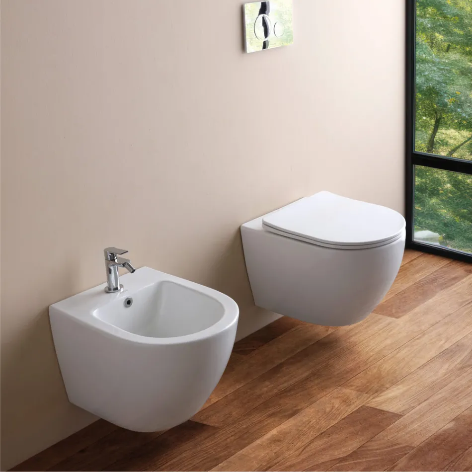 Wandbidet met één gat in wit keramiek met een modern design - Ginepro Viadurini