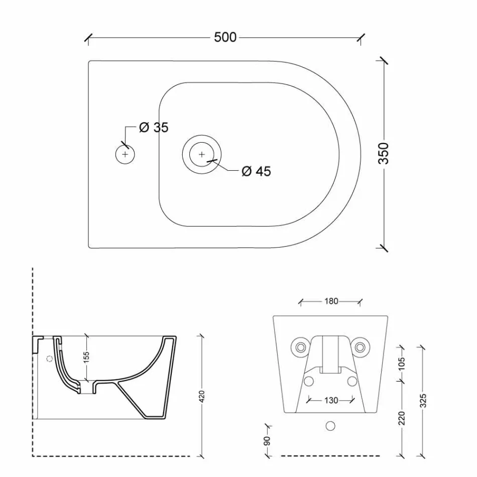 Hung bidet in de moderne Shine Vierkant 50x35cm keramiek, gemaakt in Italië Viadurini