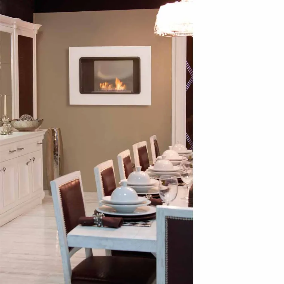 Witte muur bio open haard met modern design met Erica glazen inzetstuk Viadurini