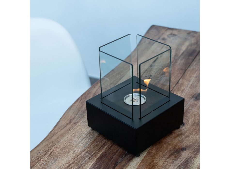 Tafel Bio-haard in gehard glas met voet in zwart metaal - Coriano Viadurini