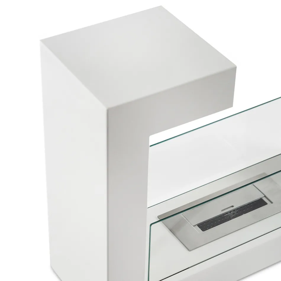 Vloer Bio-open haard in wit gelakt metaal en gehard glas - Pelide Viadurini