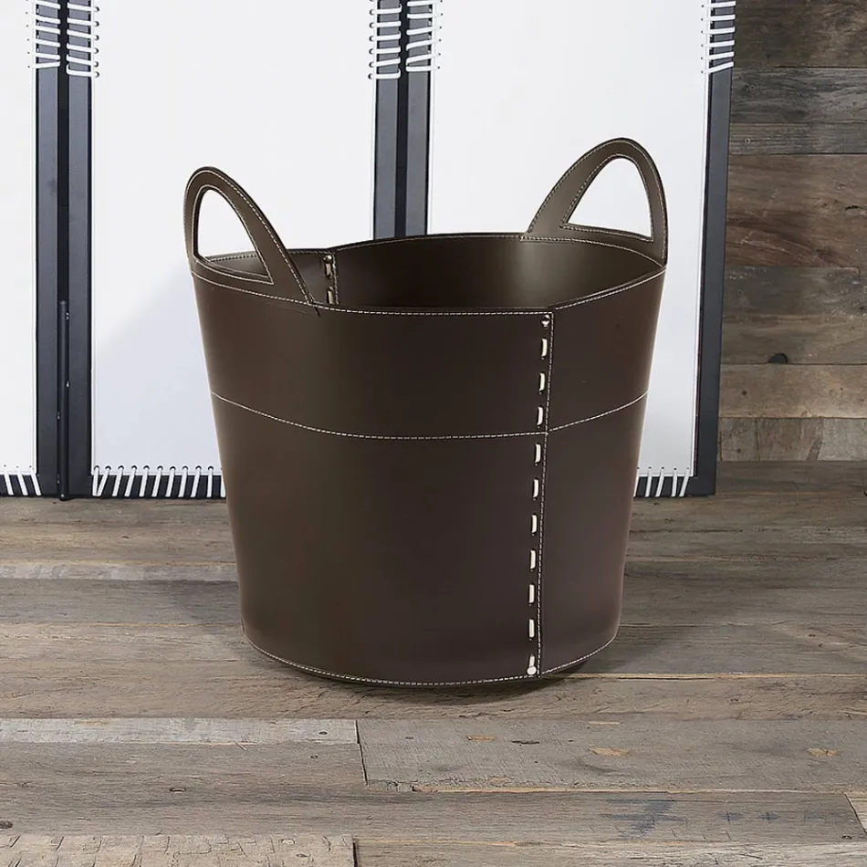 Houten tas van dubbellaags leer en houten basis, gemaakt in Italië Viadurini