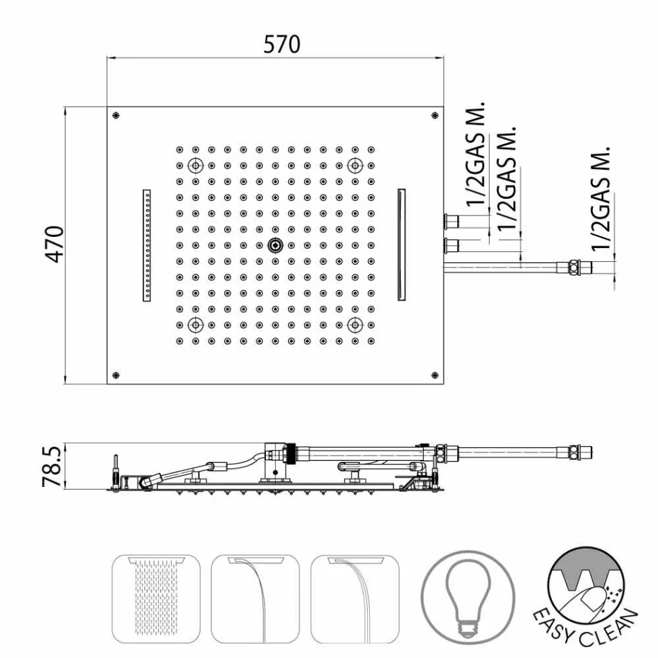 Bossini Dream douchekop met drie jets met moderne LED-verlichting Viadurini