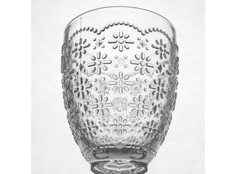 Bekerglas in transparant glas met reliëfdecoraties, 12 stuks - Trapani