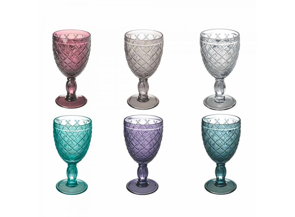 Wijn- of waterbeker in gekleurd of transparant glas met decoraties, 12 stuks - Rocca Viadurini