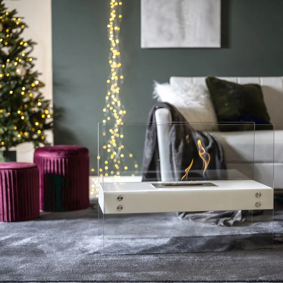 Bio-ethanol vloerhaard in wit metaal en gehard glas - Timon Viadurini