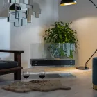 Bio-ethanol vloerhaard in zwart metaal en gehard glas - Violante Viadurini