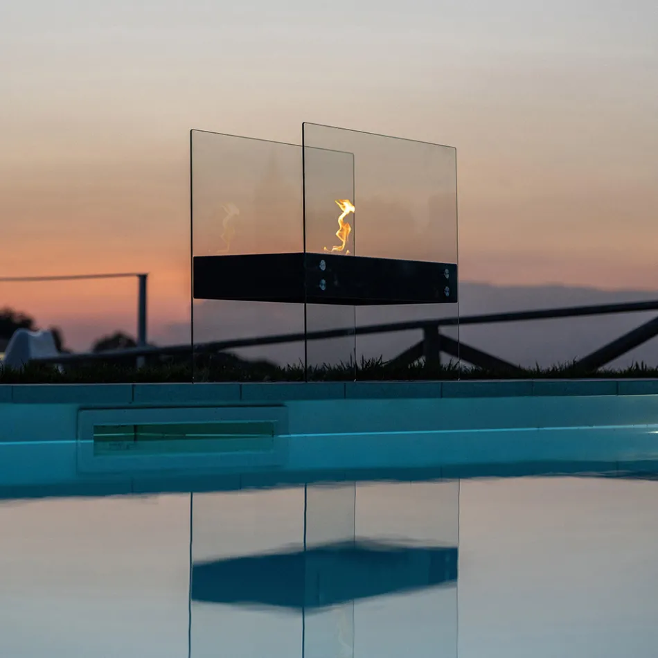 Bio-ethanol vloerhaard in zwart metaal en gehard glas - Violante Viadurini