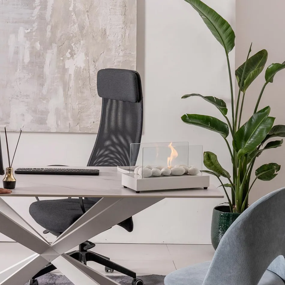 Bio-ethanol tafelhaard van gehard glas en metaal - zilver Viadurini