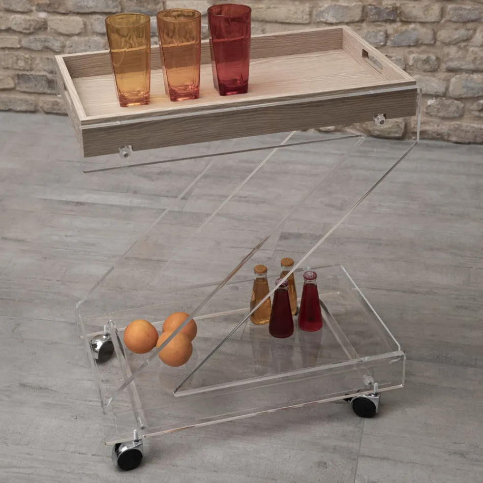 Trolley 2 planken in transparant acrylkristal met dienblad - Zazza Viadurini