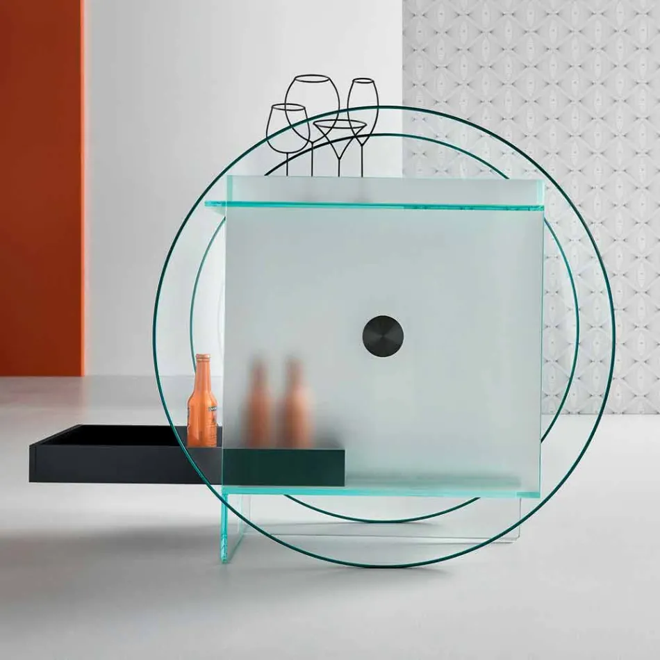 Barwagen van extra helder glas met wielen en uittrekbare lade - Pigolo Viadurini