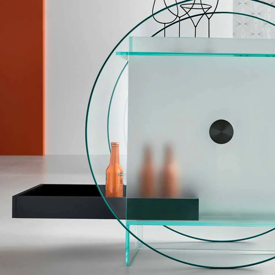 Barwagen van extra helder glas met wielen en uittrekbare lade - Pigolo Viadurini