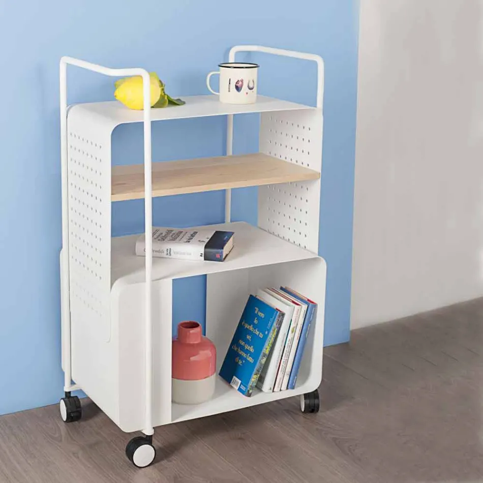 Design trolley van staal met essenblad Made in Italy - Murella Viadurini