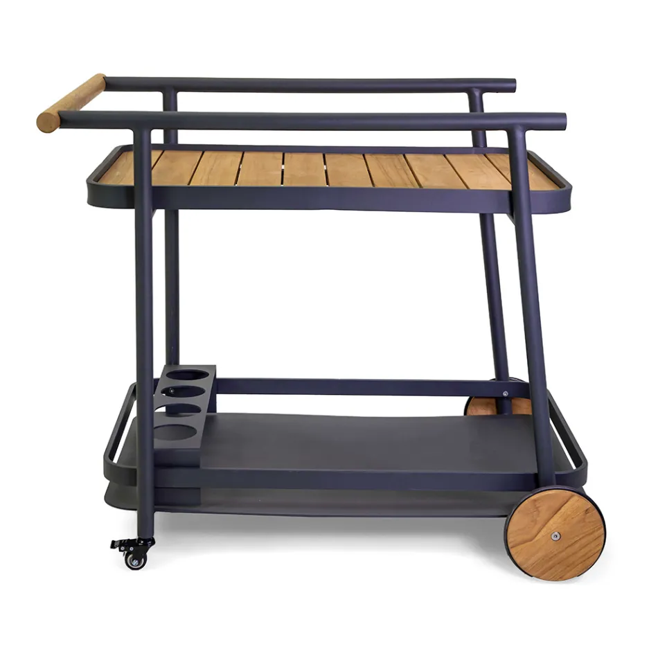 Aluminium trolley in verschillende afwerkingen met wielen en details in teak - Tent Viadurini