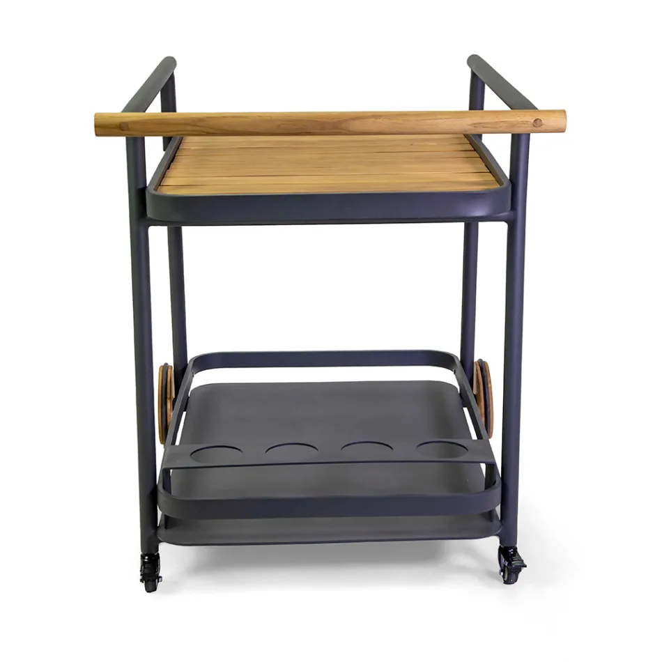 Aluminium trolley in verschillende afwerkingen met wielen en details in teak - Tent Viadurini