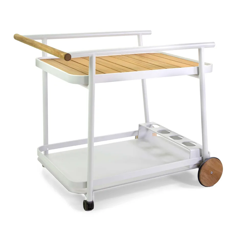 Aluminium trolley in verschillende afwerkingen met wielen en details in teak - Tent Viadurini